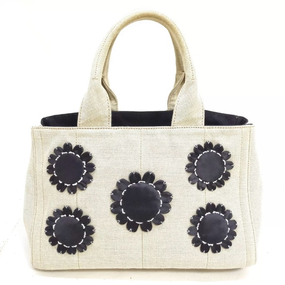 Auth Prada Canvas Linen Floral Canapa Tote Bag - Picture 1 of 11